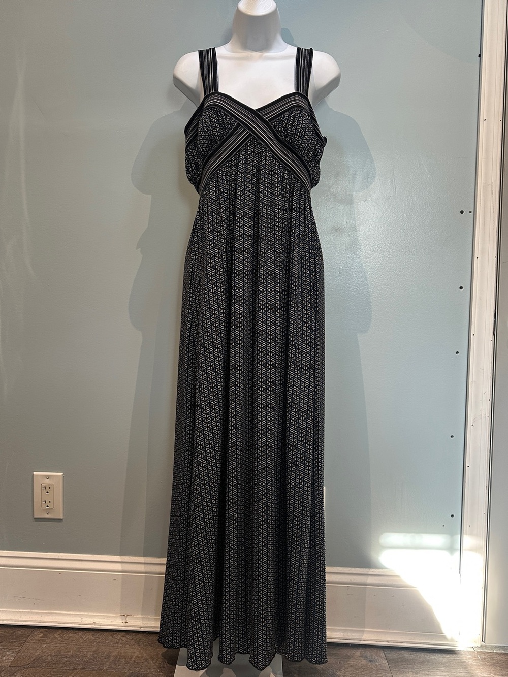 Max Studio Black White Blue Geometric Color Block Maxi Dress Size Medium